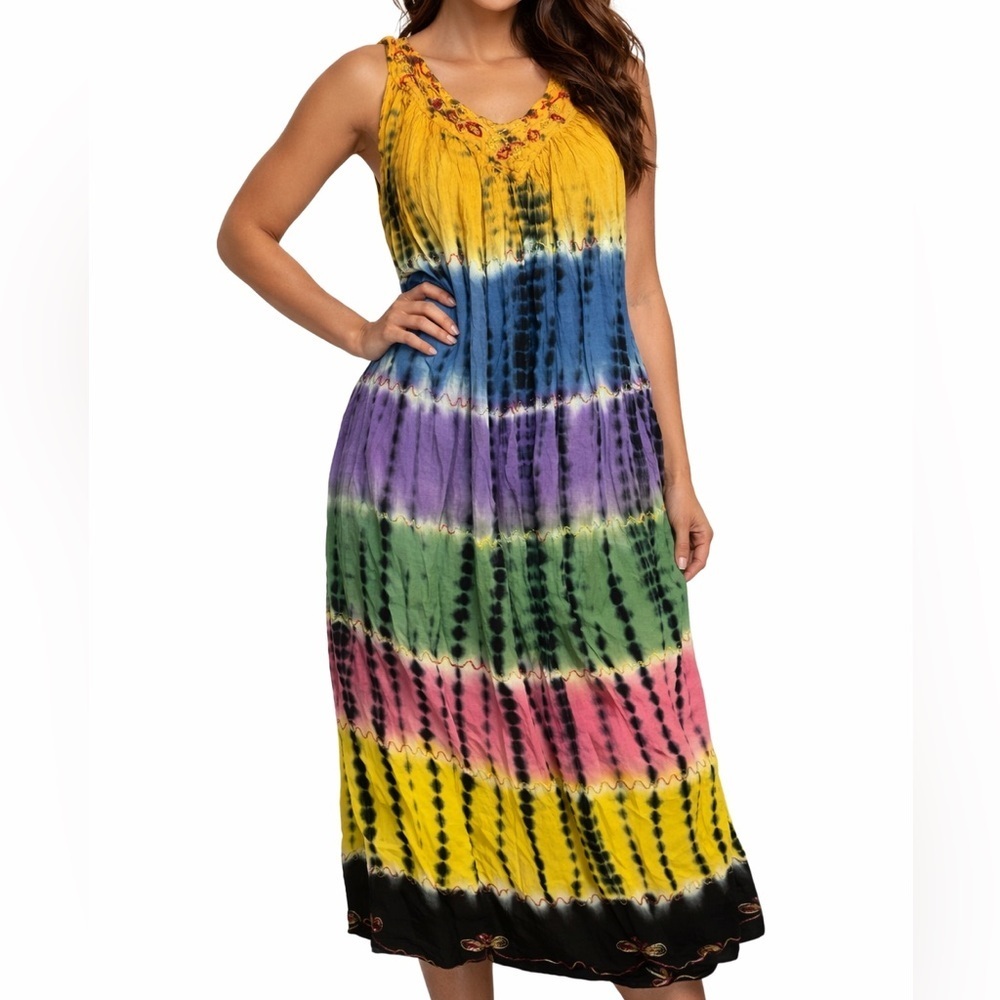 Ingear Multi Color Tie-Dye Embroidered V-Neck Dress. Free Size.